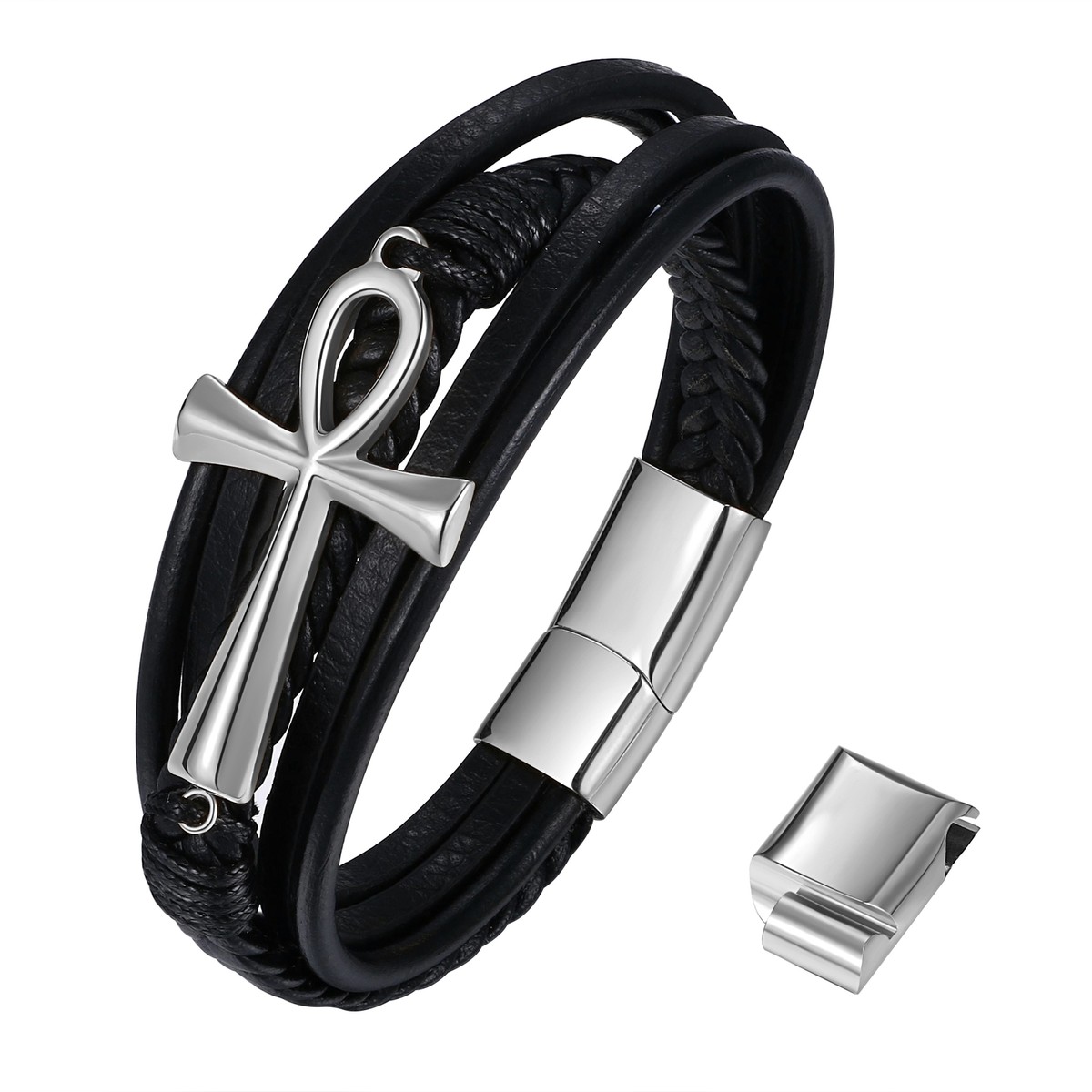 Men's Multi-layer Egyptian Ankh Cross of Life Leather Stainless