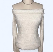 Almost Famous Women's White Off-Shoulder Knit Pullover Sweater Long Sleeve M