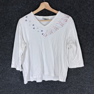 Las O Las Blouse Women L  White Rhinestone 3/4 Sleeve V-Neck Casual Solid Top