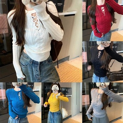 Raffinierter Rundhals Cross Hollow Damen Pullover in modernen Styles