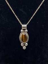 Pretty Sterling Silver 925 & Tiger’s Eye Pendant on 19” Figaro Chain Necklace