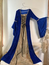 Large MEDIEVAL RENAISSANCE VELVET GOWN LACE UP BELL SLEEVES GOLD TRIM COSTUME