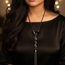 Black Tassel Pendant Necklace Long Statement beads Chain Jewelry Women