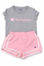 Champion Girls Athletic Set Pink Running Shorts Gray Logo Tee 2 Piece Outfit S