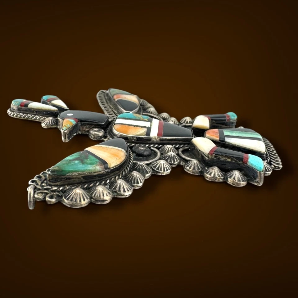 Bold Vintage Sterling Silver Southwestern Large Thunderbird Inlay Brooch 37g - image 3 of 4