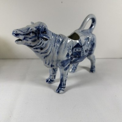 Vintage Delft Blue Cow Creamer Sauce Pitcher Windmill Ship Scenes