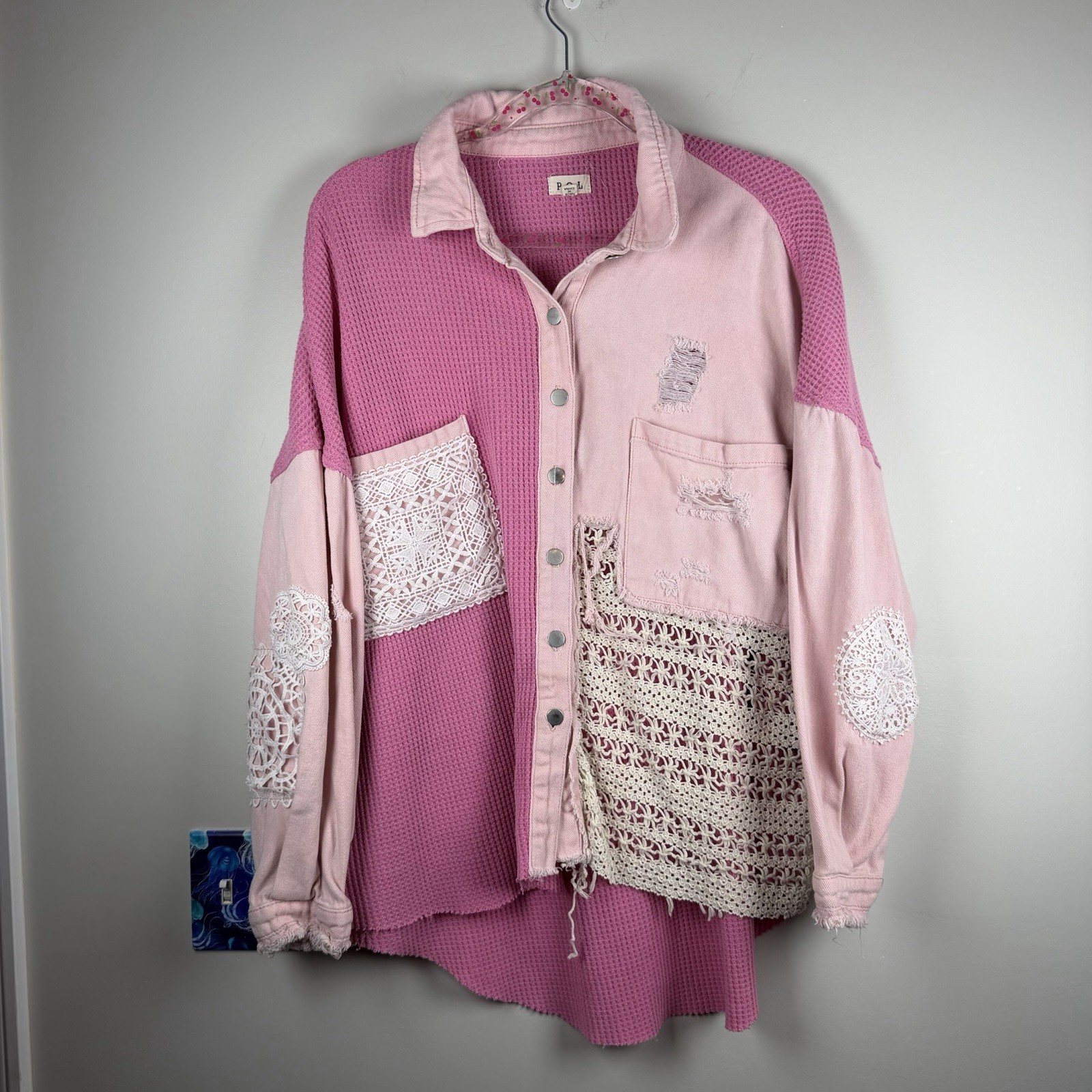 POL Pink Patchwork Distressed Shacket Grunge Croc… - image 2