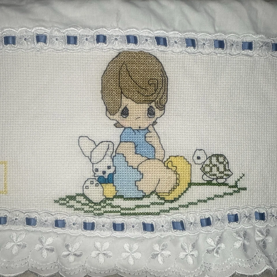 Винтажное детское одеяло Precious Moments простыня для мальчика вышивка крестиком кружево - Изображение 2 из 4