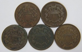 TWO CENT 2C PIECE CIVIL WAR ERA DAMAGED U.S MINT COIN COLLECTION LOT (5)