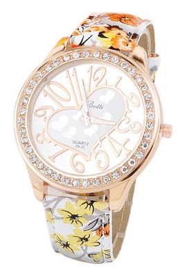 Damenuhr Love Herz Zifferblatt Strass Blumen bedruckt Band gelb J4U65723