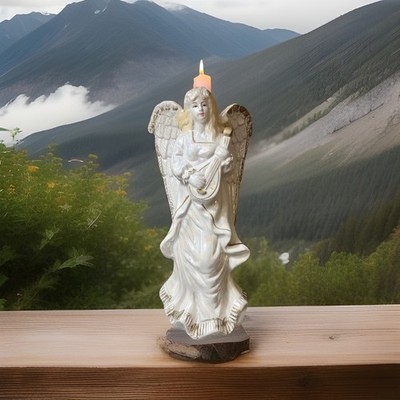 Winged Ceramic Angel Candle Holder Glossy Pearl White Gold 12'' Tall x 6'' Wide