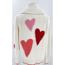 Anthropologie Maeve White Heart Cardigan Cotton Sweater Red Pink Cardi l XS