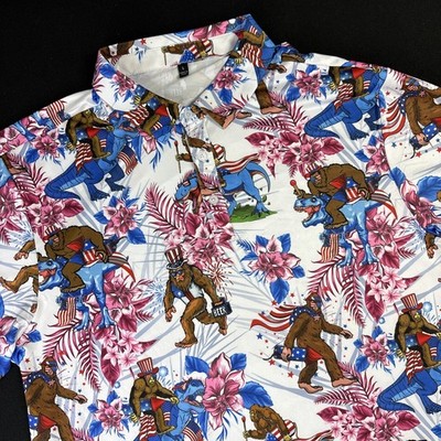 Yeti Floral USA   Firework Short Sleeve Polo Shirt Mens L Multi Beer Dinosaur