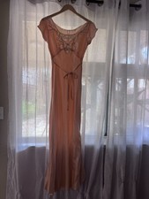 1930s Silk Lace Bias Cut Gown   Peach Blush Sheer Evening Dress Nightgown