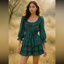 Ulla Johnson Blue Floral Ruffle Mini Dress XS Boho Romantic Party Tiered Layers