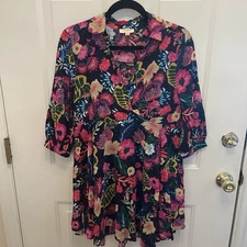 Umgee Bright Floral Mini Fit Flare Shirt Dress Size Small  3/4 Sleeves