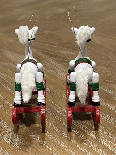 (2) VTG Hand Painted White Wooden Rocking Horse W/White Hair Christmas Ornaments - Picture 6 of 16