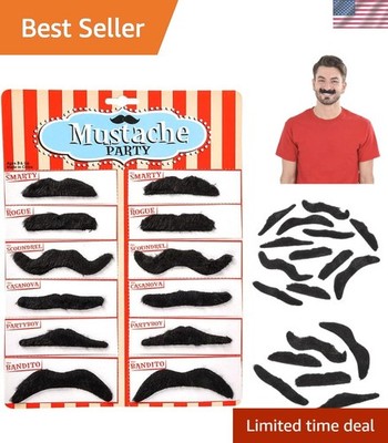 Novelty Self-Adhesive Mustaches - Fun Party Pack of 12 Assorted Styles