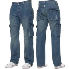 Kruze Cargo Combat Jeans Mens Denim Trouser Casual Work Pants Big Tall All Sizes