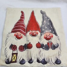 Christmas Throw Pillow Cover ONLY 17" 3 Smiling Gnomes Off White Zipper Red Gray