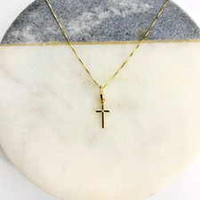 14K Solid Yellow Gold 0.7" Cross Pendant with 0.5mm Box Chain Necklace - PT143