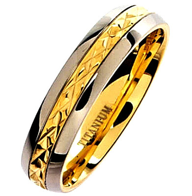 TITANIUM Fashion RING BAND with Gold Plated Engravings, size 9 - in Gift Box