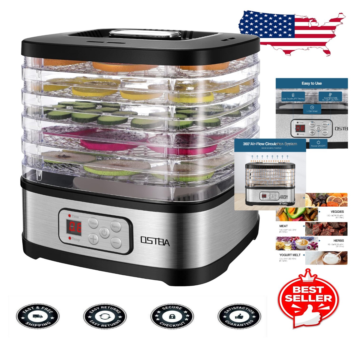 Adjustable Temperature Dehydrator for Jerky, Fruits & Pet Treats - Easy Cleanup