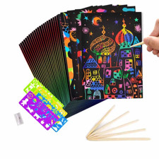 RAINBOW SCRATCH ART PAPER 50 Sheets Black w/5 Wooden Stylus 4 Drawing Rulers