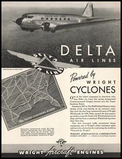 1940 Curtiss Wright Aircraft Cyclone Engine Trans Southern Route US Map Print Ad