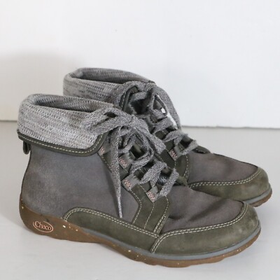 Chaco Barbary Boot Women 6 Castlerock Gray Leather Lace Up Ankle Foldover Hiking
