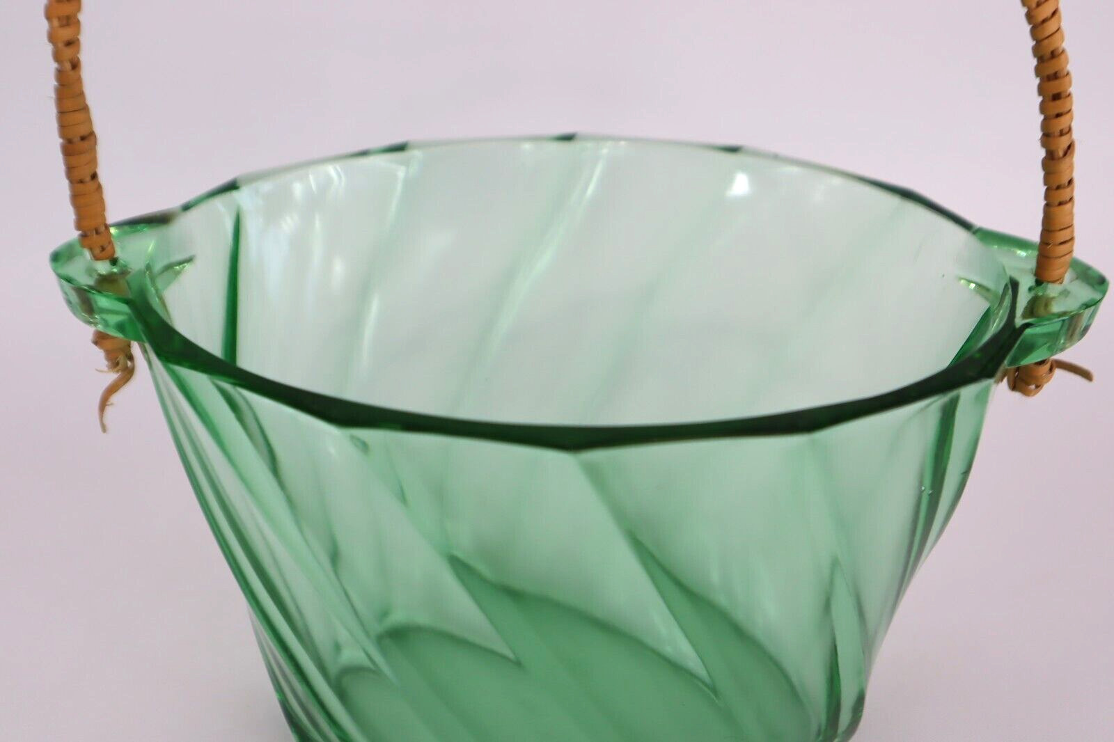 1930s Heisey Green Moongleam Twist ICE BUCKET w/ Original Tongs Uranium Glass