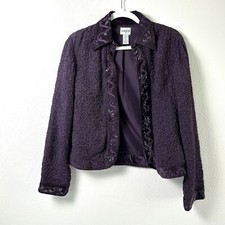 Chicos Blazer Jacket Womens Size 0 S Purple Embellished Open Front Crinkle