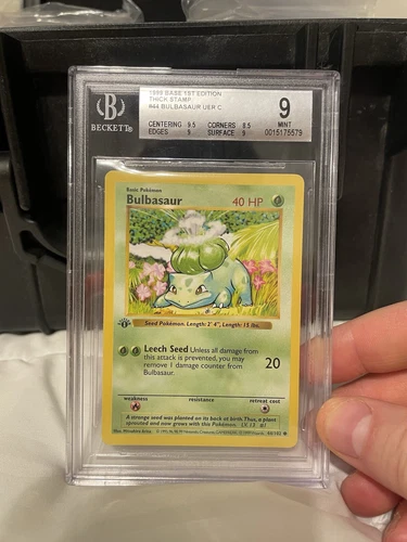 Pokémon Bulbasaur 1st Edition Base Set Shadowless BGS 9 Thick Grey Stamp Error