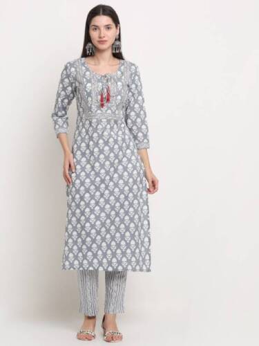 Indian Printed Cotton Kurti & Pant Set Casual-wear Ethnic Tunic A-line Dress - Afbeelding 1 van 6