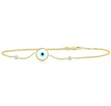 Handmade 14K Yellow Gold Evil Eye Bracelet With Diamonds - White 7.5 Inches