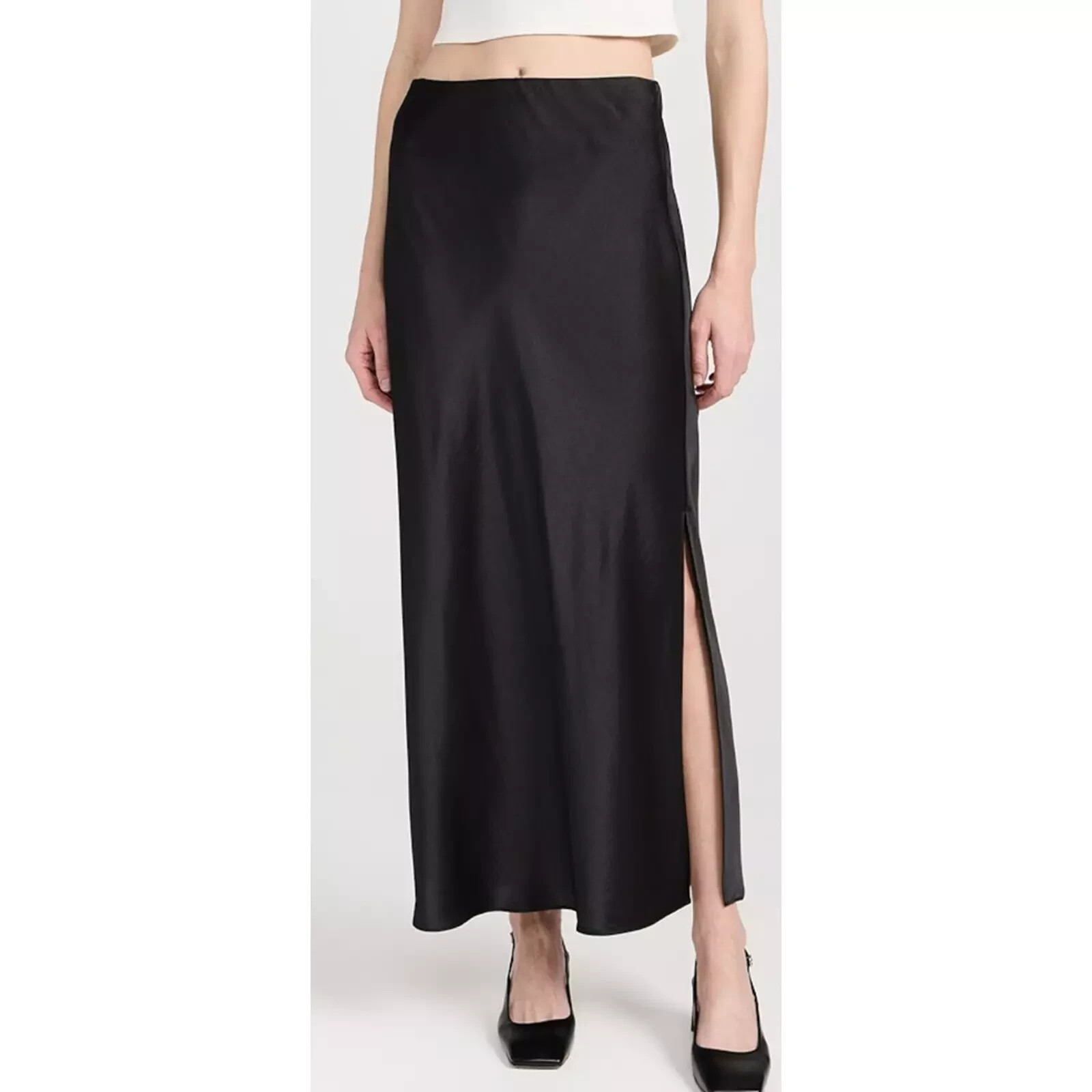 Madewell Maxi Skirt Womens 12 Black Solana Bias Slip Satin Chic Bohemian Stretch-image