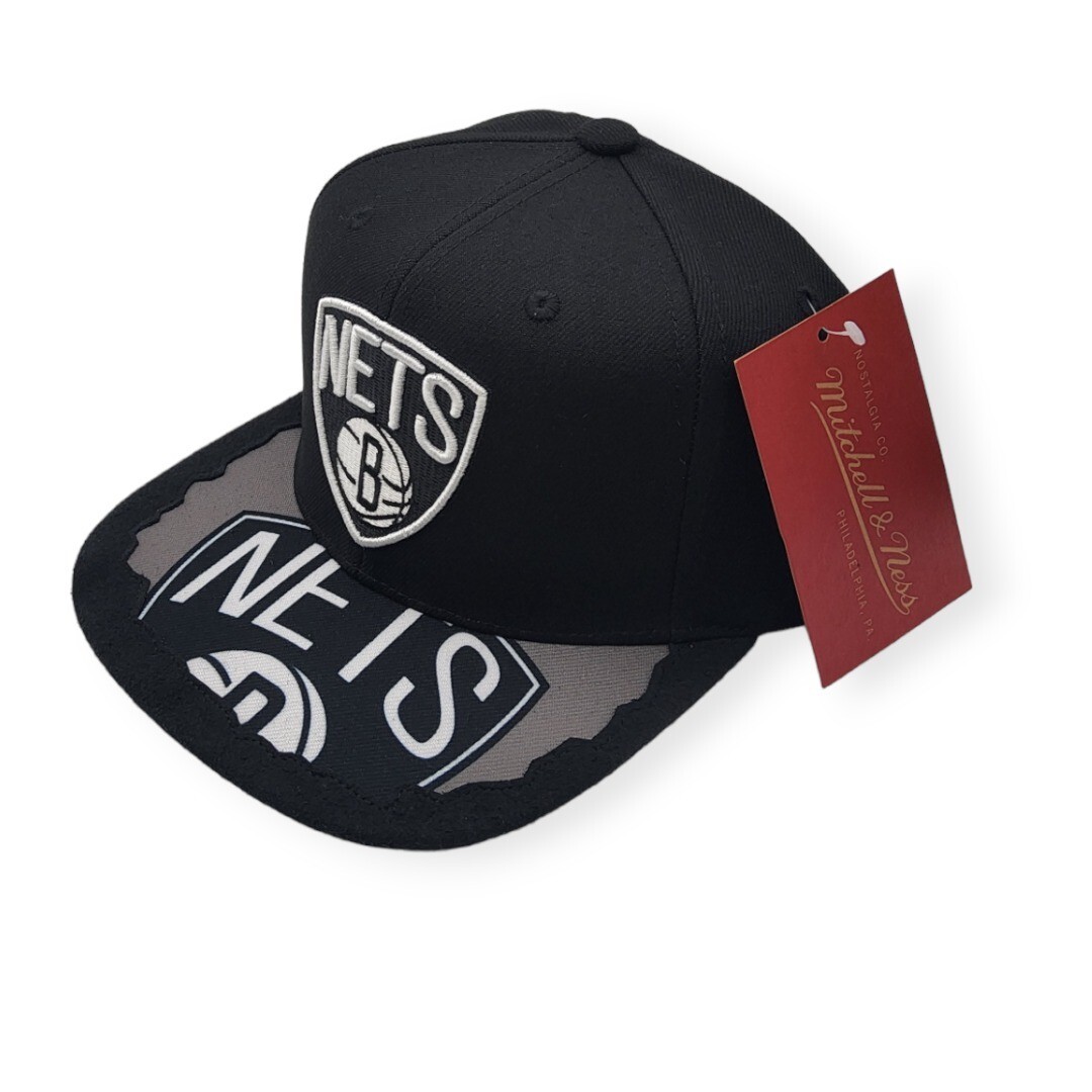 Mitchell & Ness Brooklyn Nets Snapback Hat - Natural/Black With Pink Bottom, Adjustable Cap - View #3