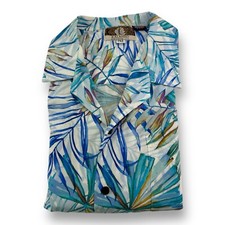 Kalaheo Men's Rayon Button-Up Shirt White Blue Green Palm Size 2XL Made in USA