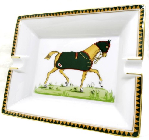 Hermes Paris Ashtray Horse Pattern Color Green Plate Tray Porcelain NoBox Unused
