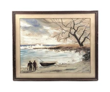 Vintage Mid C Naive Primitive Pastel Oil Painting of Fisherman Boat Shore Signed