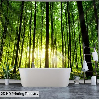 1pc Ultra Large Comfort Green Forest Sunlight HD Aesthetic Tapestry, Polyester W