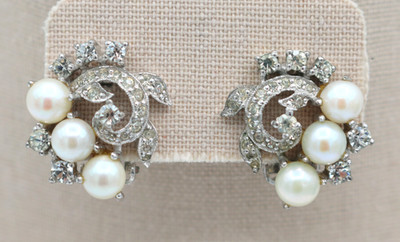Vintage Jomaz Faux Pearl Flower Rhinestone Leaf Silver Tone Clip On Earrings