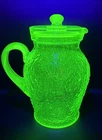 Vintage Large Textured Green Uranium Depression Glass Pitcher With Lid 10"