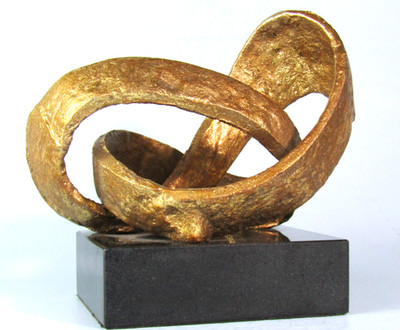 INFINITY LOOP Gold Cast Iron Sculpture on Black Marble Base Midcentury Modern