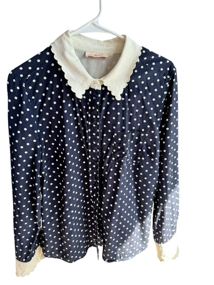 Tory Burch 扇形边缘丝绸圆点印花跑道衬衫,尺寸 14 Kate Middleton — 第 3/4 张图片