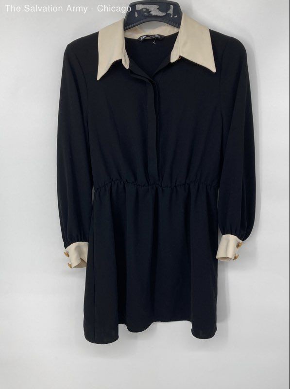 Zara Womens Black Cream Long Sleeve Collared Short Mini Dress Size Large