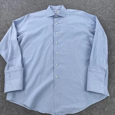 Brooks Brothers Dress Shirt Mens 16.5-34 Blue Check All Cotton Made USA Italy