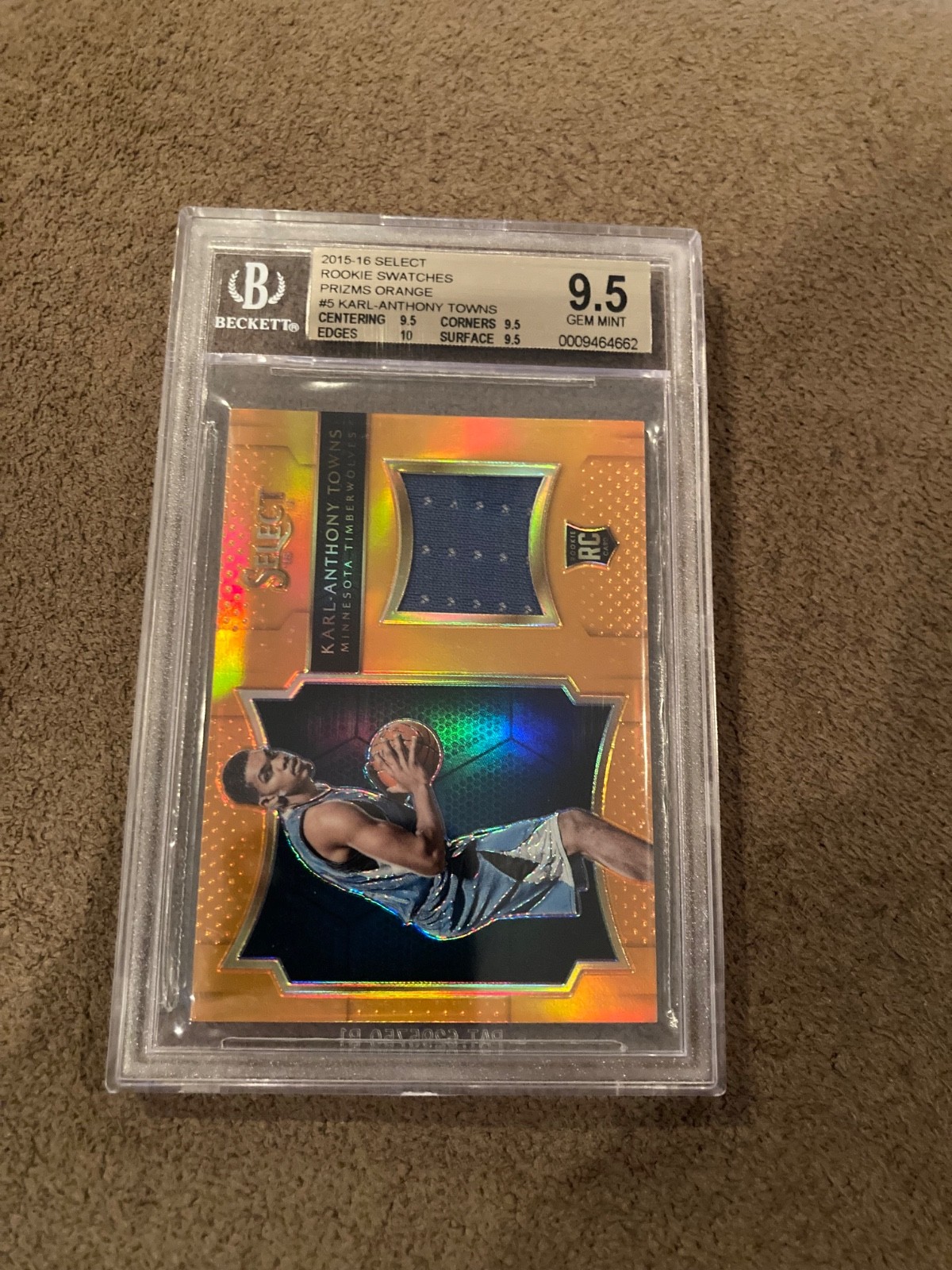 Karl-Anthony Towns 2015-16 Select RC Swatches Orange Prizm /60 BGS 9.5 Gem Mint