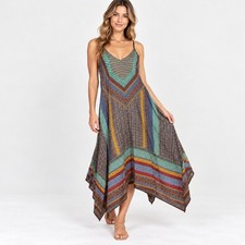0213 | Boho Patchwork Handkerchief Hem Midi Dress Festival Hippie Womens M