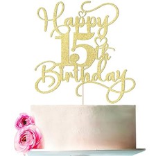 Gold Glitter Happy 15th Birthday Cake Topper 1pcs 15 Gold